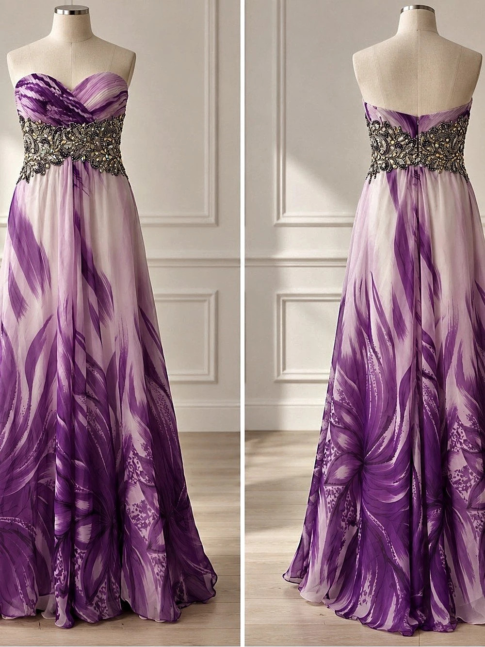 Tony Bowls Paris Watercolor Chiffon Beaded Gown Purple & Pink Size 6